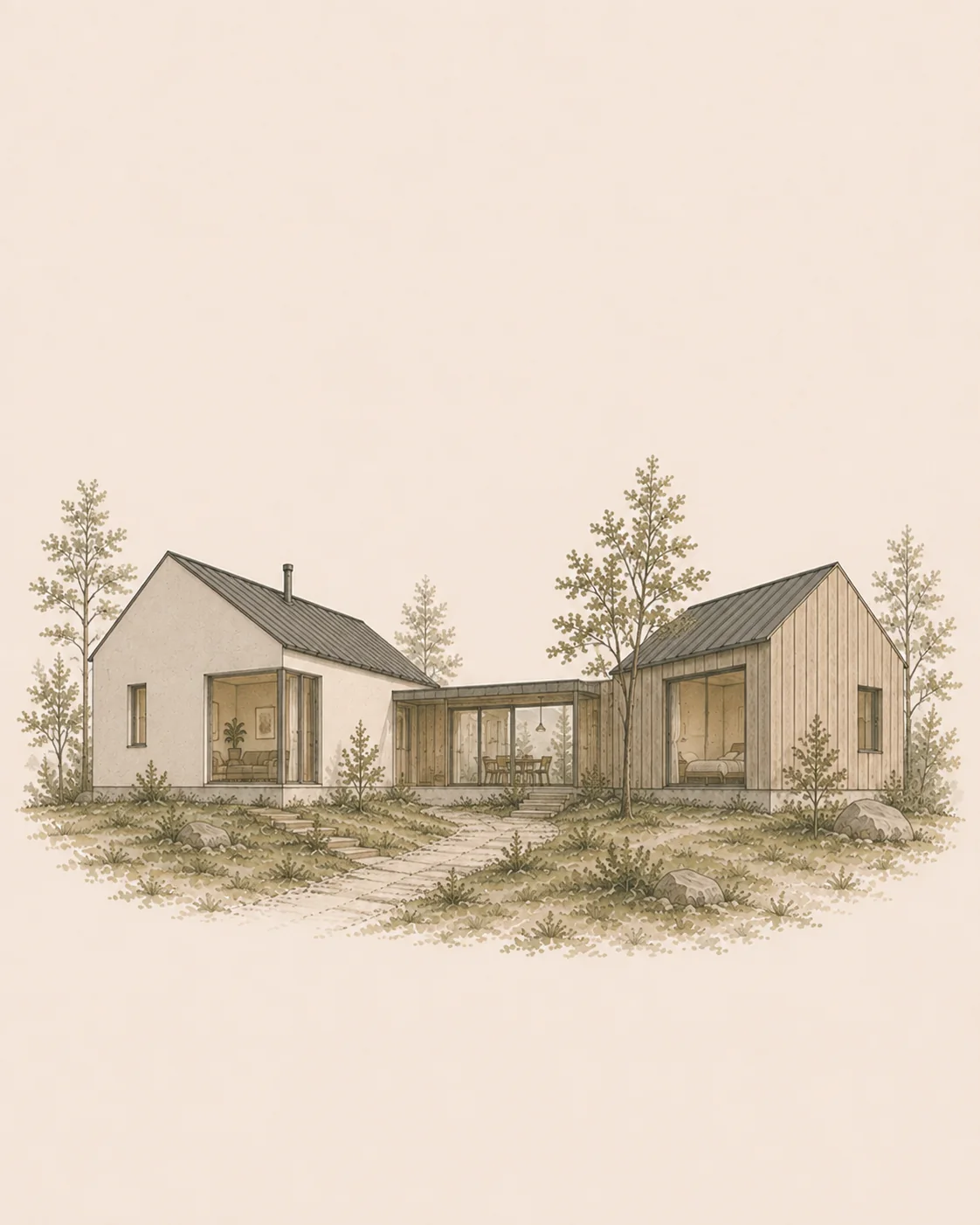 Casa LINDE para dos generaciones con dos volúmenes vinculados.