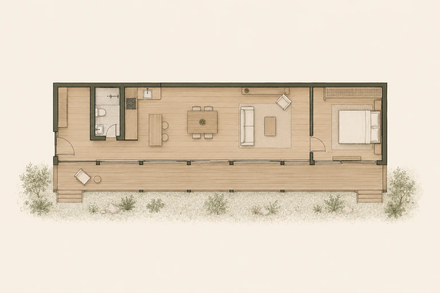 Planta esquemática de Cauce con galería longitudinal, estar abierto y dormitorio independiente.