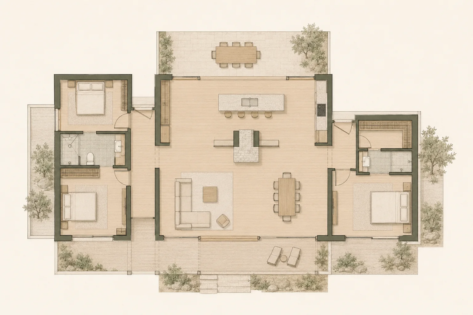 Planta esquemática de Galpón con nave central social y piezas laterales privadas.
