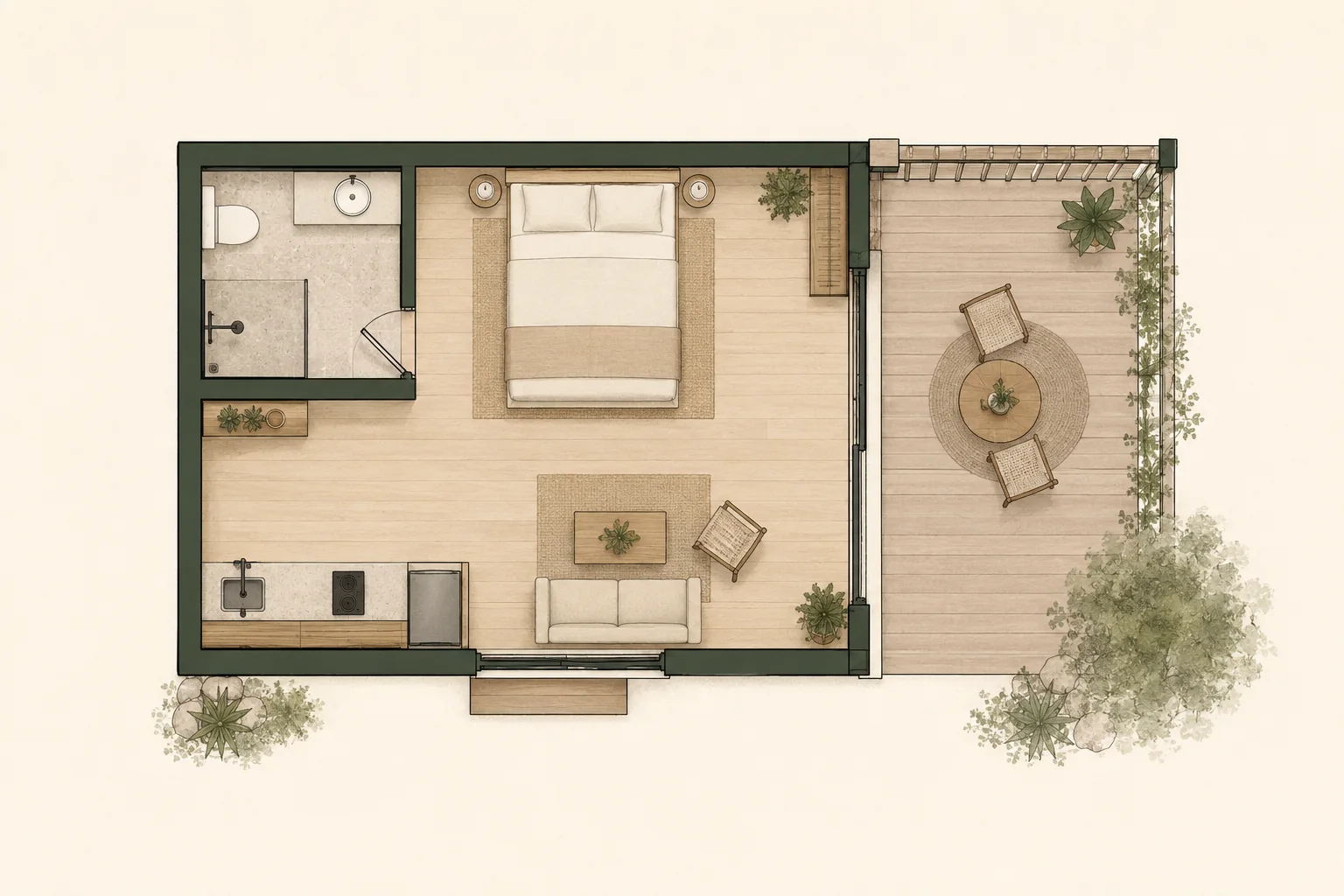 Planta esquemática de Nido con núcleo compacto, ambiente integrado y expansión semicubierta.