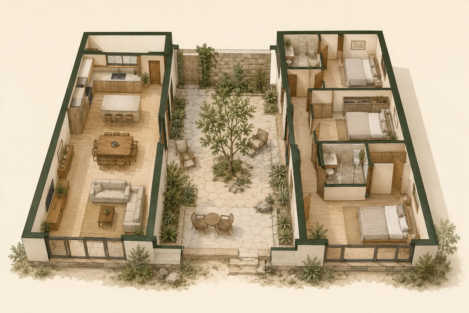 Axonometría seccionada de Patio con dos alas residenciales y un patio central protegido como articulador.
