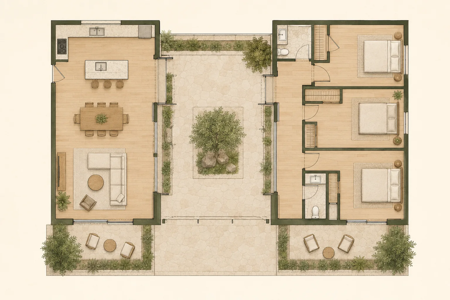Planta esquemática de Patio con dos alas residenciales alrededor de un patio central protegido.