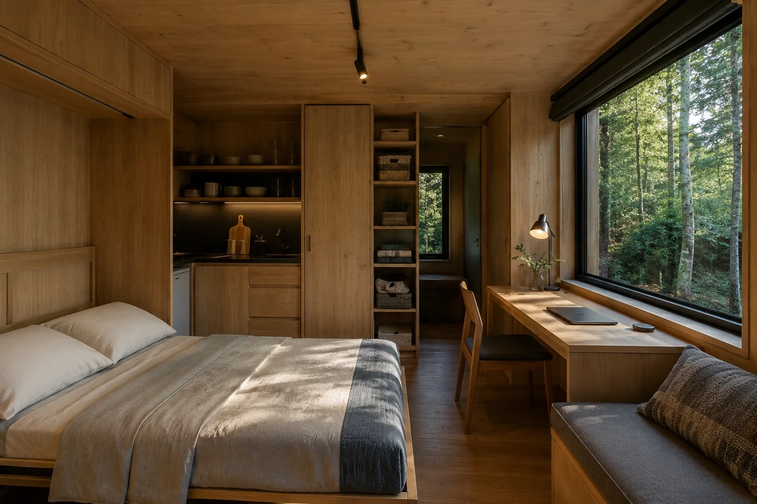 Interior flexible de Base Arrayán con cama, guardado, kitchenette y escritorio hacia el bosque.