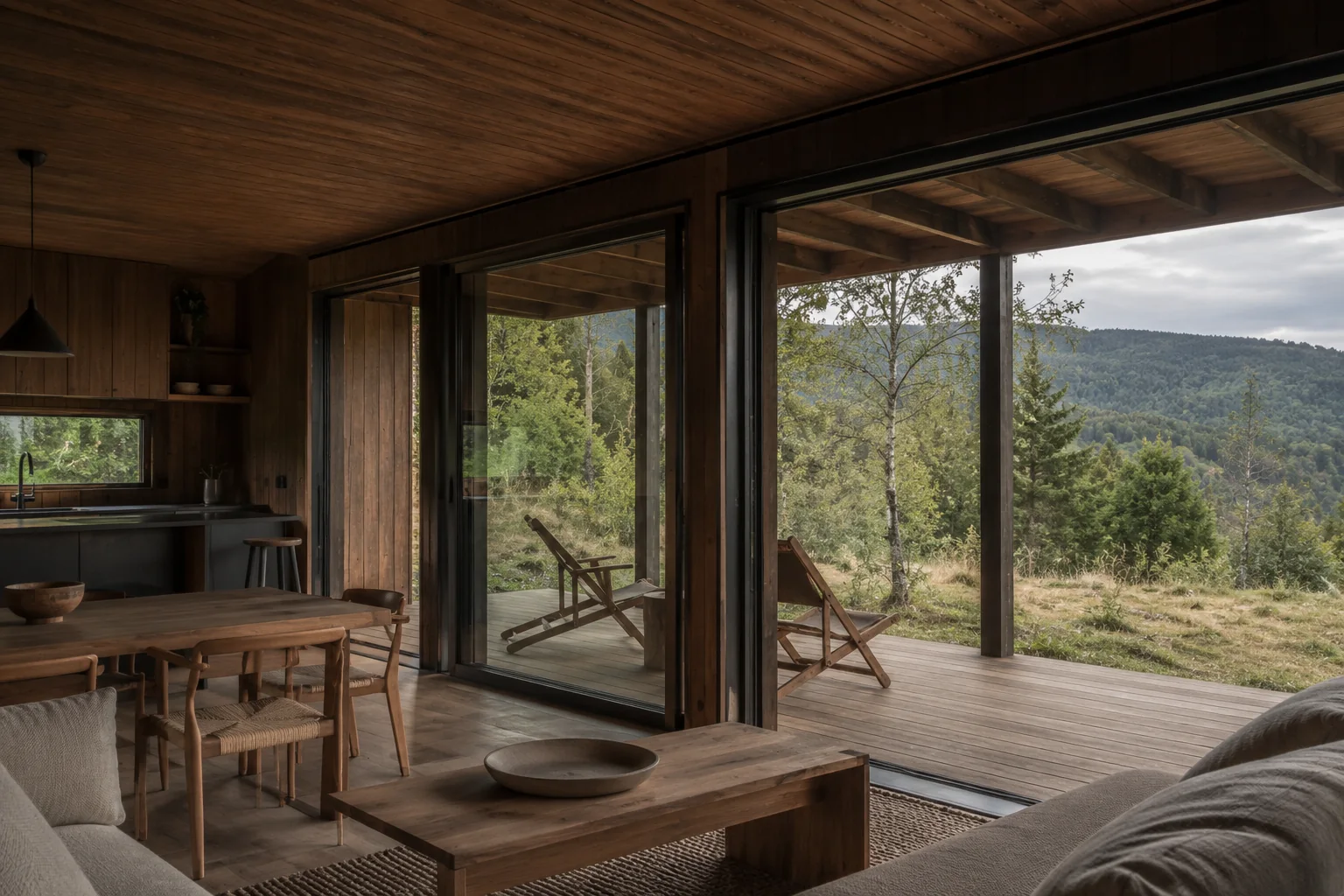 Interior de Casa Cauce con galería profunda y vistas al paisaje de Lago Puelo.