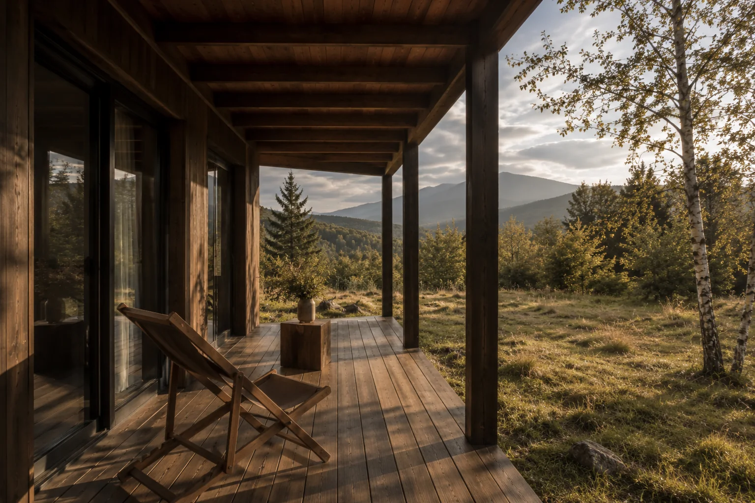 Umbral de la galería de Casa Cauce con vistas al paisaje de Lago Puelo.