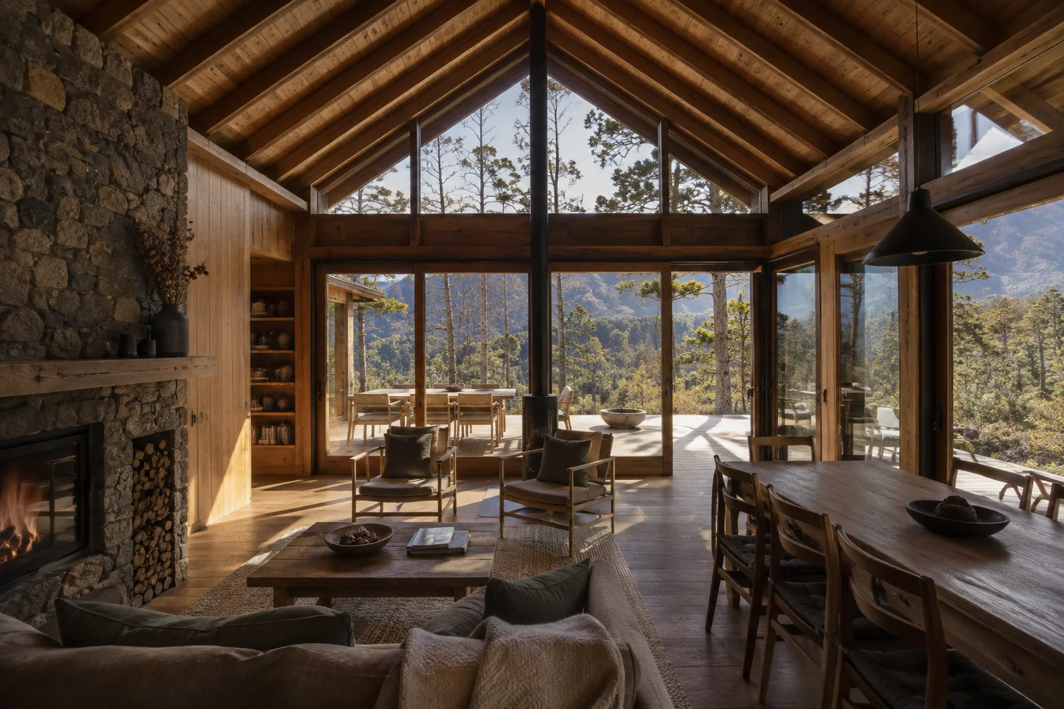 Estar central de Refugio Lenga con estructura de madera, piedra y vistas al bosque.